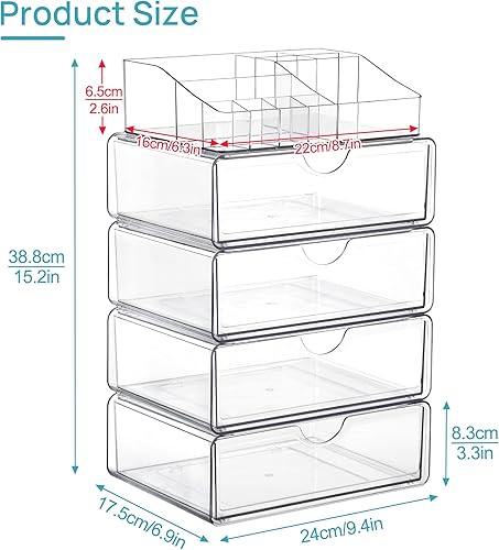 Miniatura 3 de Vtopmart Organizador de maquillaje transparente de 5 niveles con cajón, almacenamiento de cosméticos para tocador y tocador de baño, soporte de