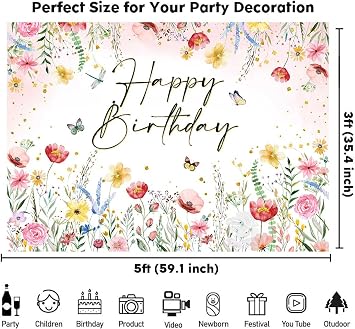 Sensfun Wildflower Birthday Backdrop Pink Watercolor Floral Photography Background Girls Women Spring Garden Wildflower Theme Birthday Party Decorations Cake Table Banner Photo Booth Props 5x3ft
