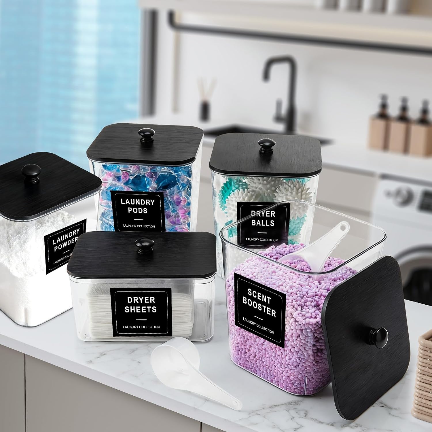 5 Pack Laundry Pods Container, Clear Laundry Room Organization Containers,Large Laundry Detergent Powder Storage Containers Black Wooden Lids & Labels, Acrylic Dryer Sheet Holder Decor