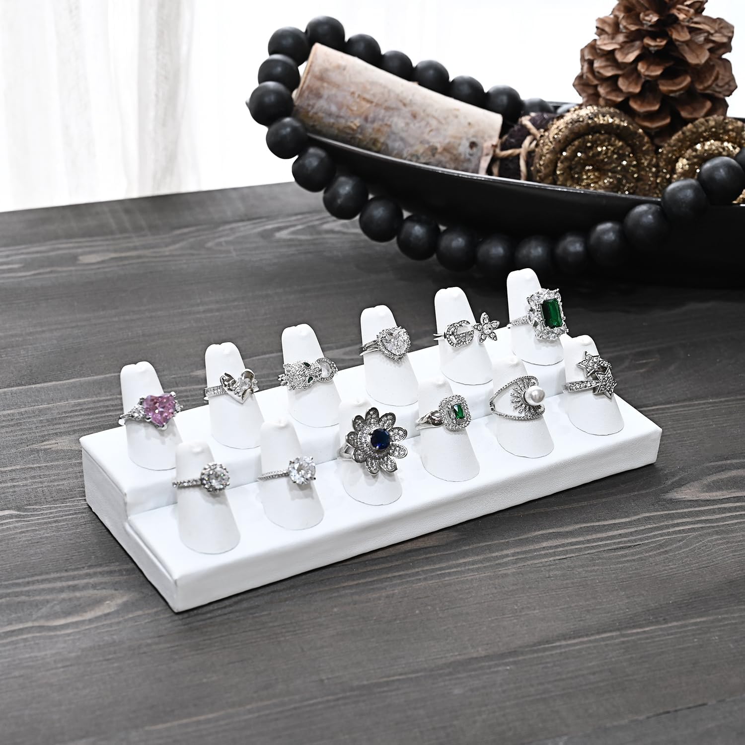 MOOCA 2 Pcs Set Priumen White Faux Leather Finger Ring Display Jewelry Organizer of 12 Rings Display Jewelry Holder of Leatherette Stand