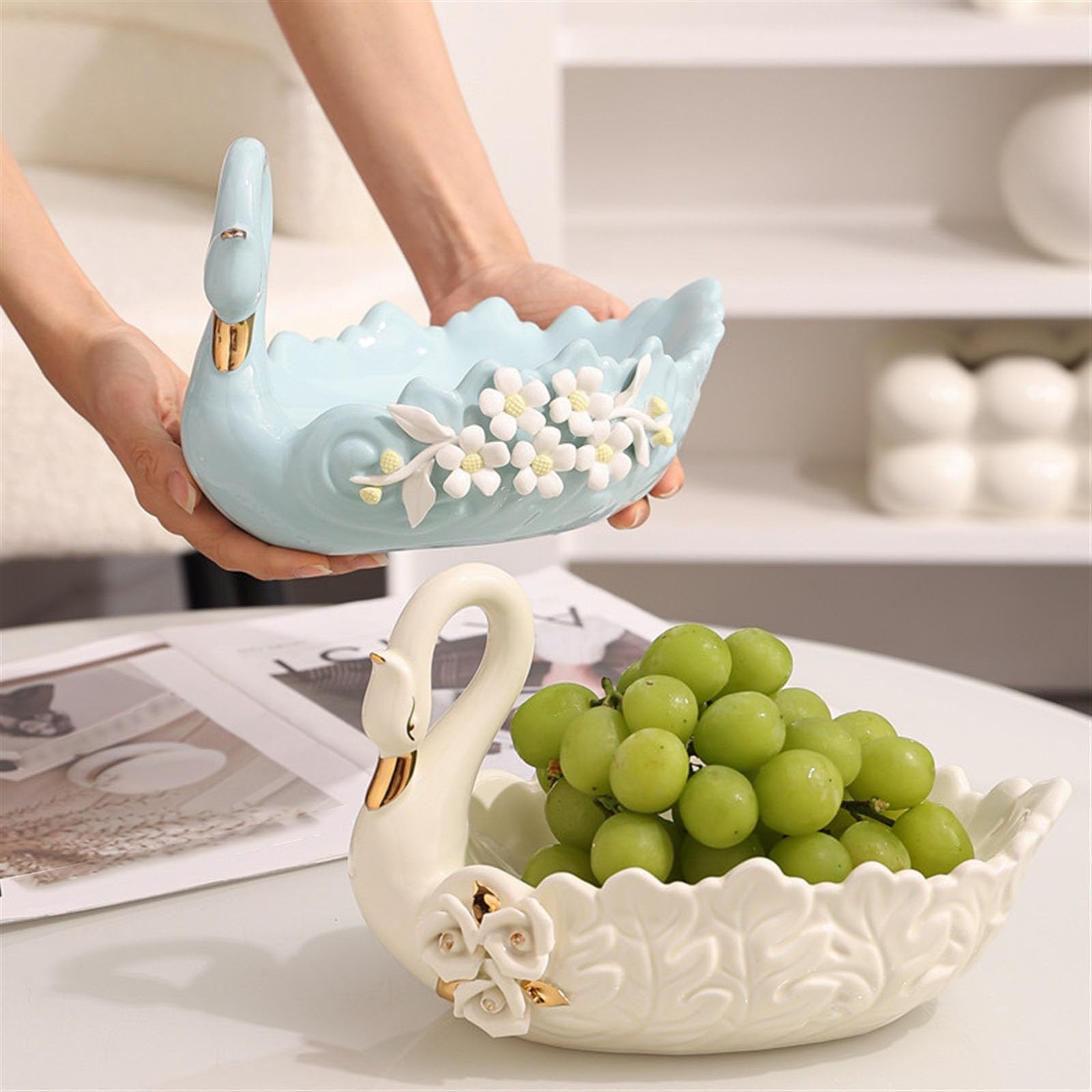 Koszyk na owoce Ceramiczna miska na owoce, miska na owoce na blat kuchenny, miska na owoce łabędź na blat kuchenny, dekoracja wnętrz Miska owoców(Beige-A)