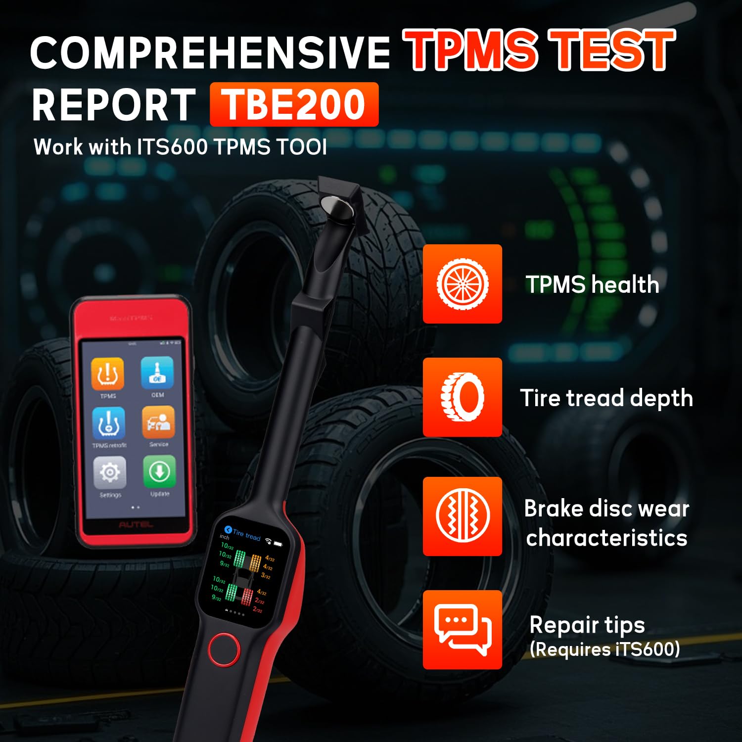 Autel MaxiTPMS TBE200(E) 2026 Tire Tread Depth & Brake Disc Wear 2in1Tester with Dual Camera Real-time Data No Need to Remove Wheel During Testing,Upgraded of TBE100,Work with ITS600/ITS600PRO