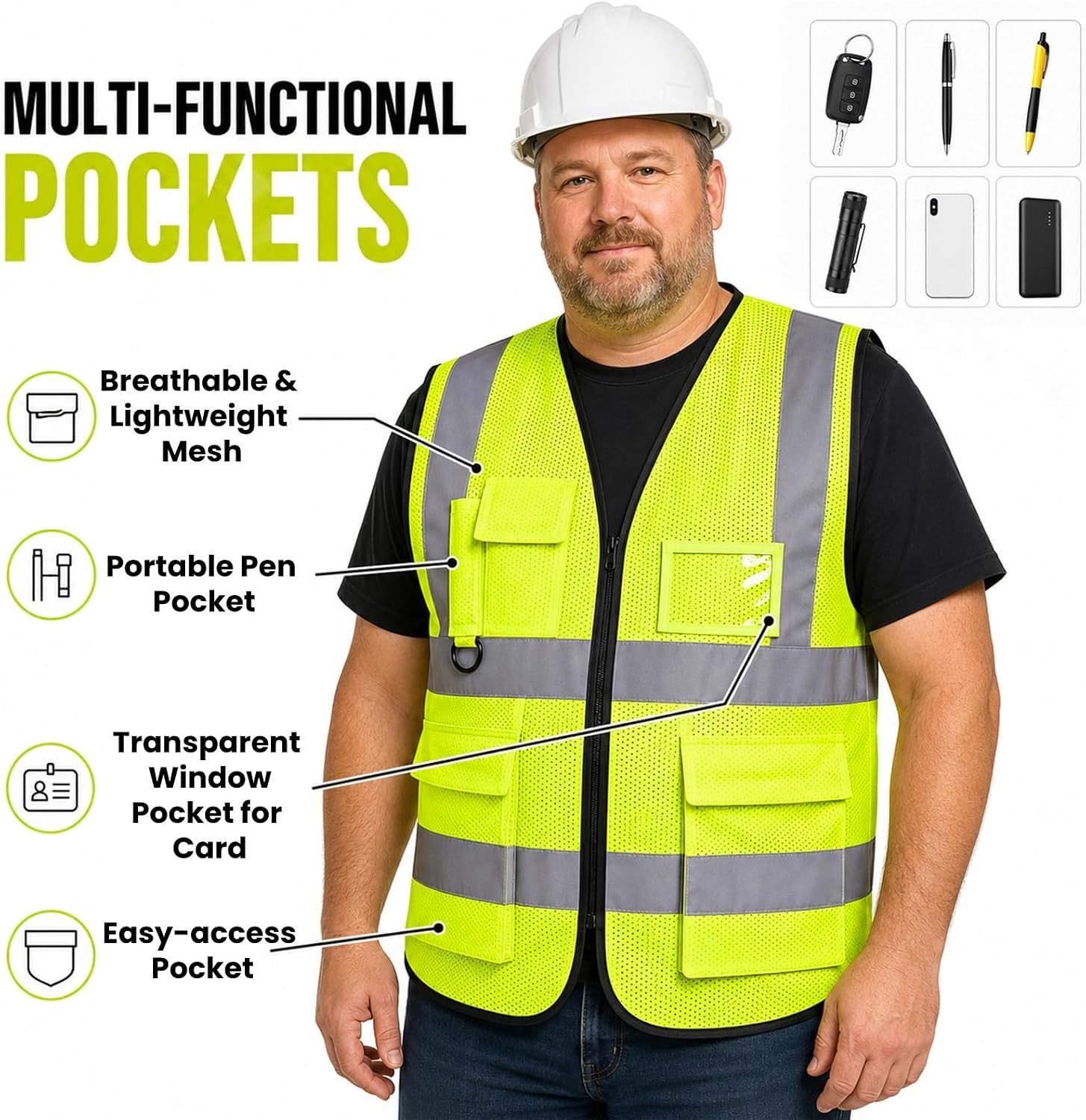 Tlence 10 Pack Reflective Safety Vests with Pockets and Zipper, High Visibility Mesh Security Vest, Construction Vests