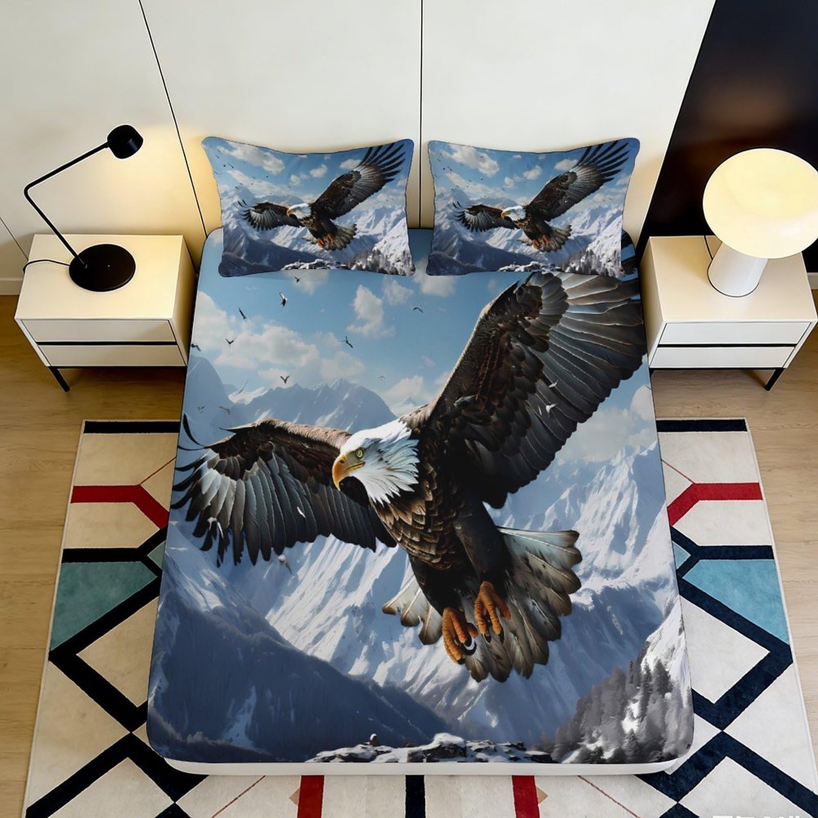 3D Printed Majestic Eagle Fitted Sheet Microfiber Soft Mountain Scene Mattress Cover for Bedroom Guest Room Decor 90x200x25cm