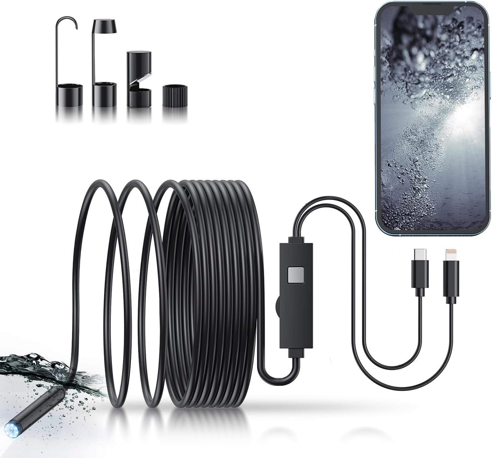 Endoscope Camera with Light, 1920P HD Bore Scope Borescope with 8 Lights, Waterproof 16.4FT Semi-Rigid Cord for Pipe Inspection, Industrial Endoscope for Phones(Black-Dual Line)