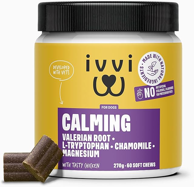 ivvi dog CALMING Treats for Dog Anxiety Relief & Anti-Stress for Nervous Dogs with Valerian and L-Tryptophan - 60 Tasty Soft Chews with Chicken