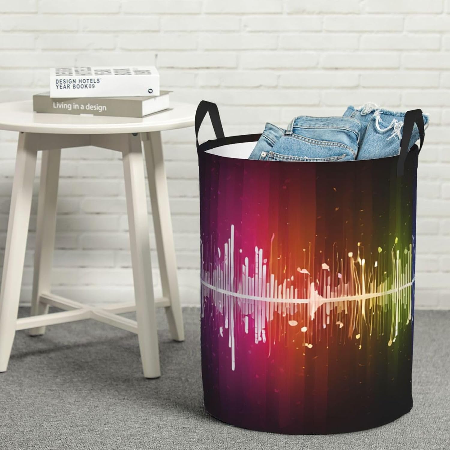 (Color Music Notes) Collapsible Circular Laundry Hamper Waterproof Oxford Fabric Clothes Basket with Handles Foldable Storage Bin for Bedroom Bathroom Dorm Toy Towel Blanket Organizer Small image 2