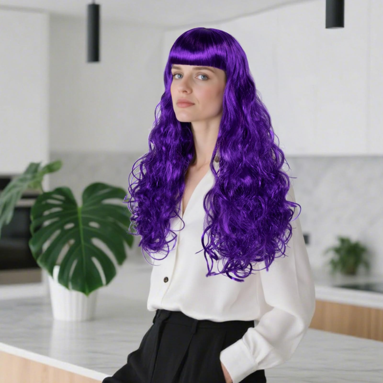 BEKIDER (+Hair Cap) Long Wavy Dark Purple Wig with Bangs Womens Purple Curly Wig Cosplay Synthetic Wigs for Halloween Cosplay Fancy Dress Wigs Daily Party Outfit - Image 2