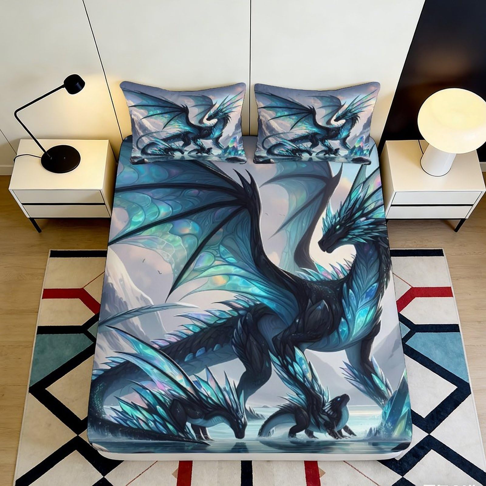 3D Printed Blue Dragon Fantasy Fitted Sheet Microfiber Soft Breathable Mystic Dragon Mattress Cover for Bedroom Dorm Mattress Protection Decor 90x200x25cm