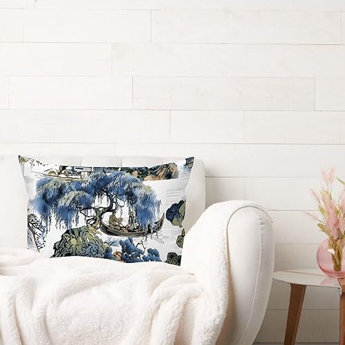 Vista 318 de ArogGeld Chinoiserie - Fundas de almohada escénicas asiáticas, estilo asiático, funda de almohada azul y verde Kelly, funda de cojín para decoración