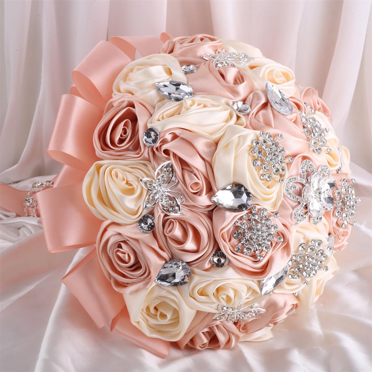 Mhojpik 8.7" Peach Pink & Cream Bridal Wedding Bouquet Throw Toss Artificial Rose Flower Bunch with Bling Brooch for Bride Bridesmaid Wedding
