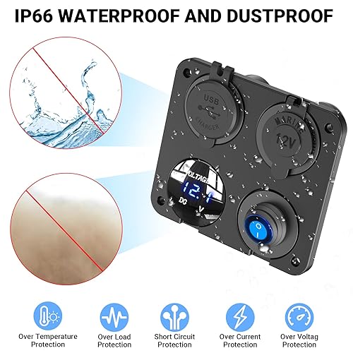 Miniatura 5 de Panel de Enchufe de Salida USB 12V (4 en 1) Cargador USB C 12V de 58W Dual PD3.0 150W Enchufe de Encendedor de Cigarrillos Marino 12V Divisor con