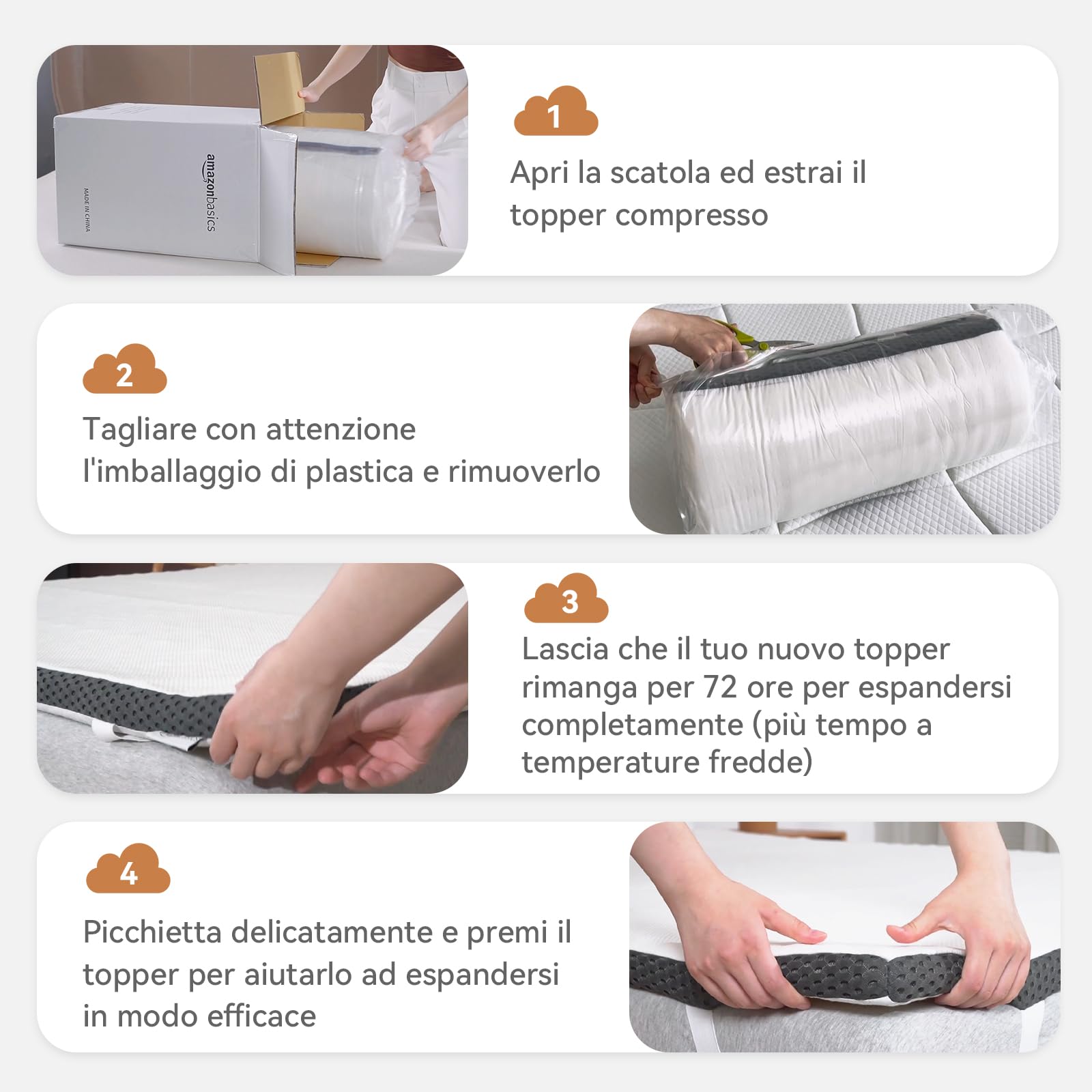 Amazon Basics Topper Piazza e Mezzo 120 x 200 cm in Memory Foam, 4 cm Coprimaterasso con Angoli Elastici, Bianco