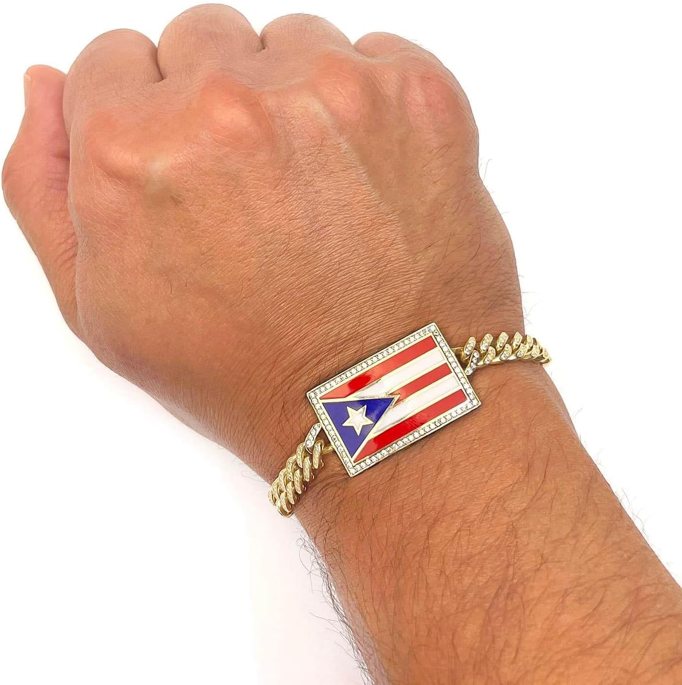 WJD Exclusives 14K Yellow Gold CZ Color Puerto Rico Flag Miami Bracelet (Hollow) 8"