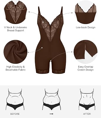 Popilush Shapewear Bodysuit Tummy Control - Deep V Neck Sleeveless Lace Corset Shapewear Tops Body Shaper