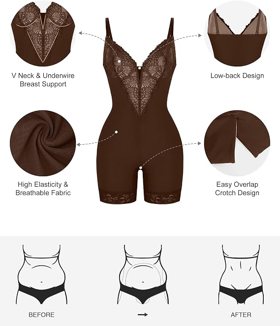 Popilush Shapewear Bodysuit Tummy Control - Deep V Neck Sleeveless Lace Corset Shapewear Tops Body Shaper