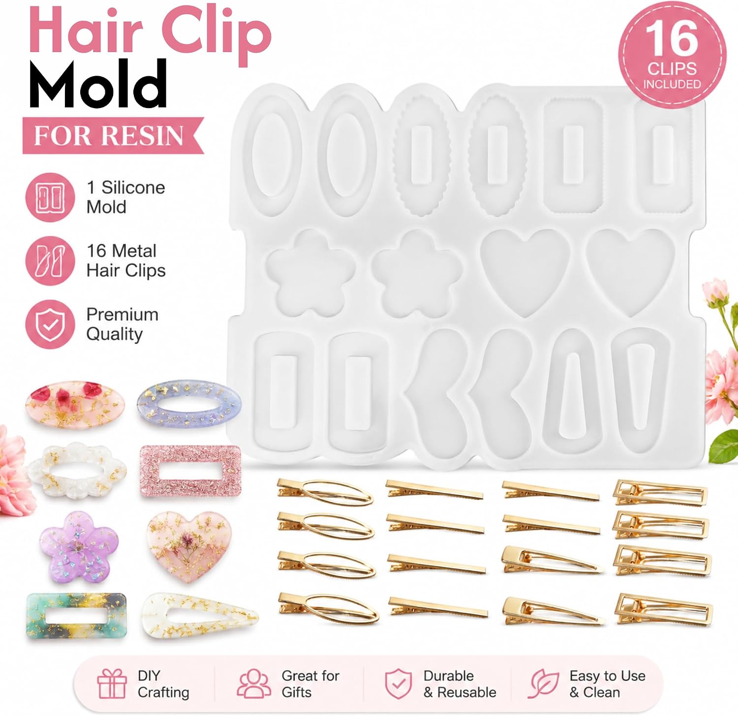 LotFancy Silicone Hair Clip Mold, 16-Cavity Resin Hair Clip Casting Mold image 3
