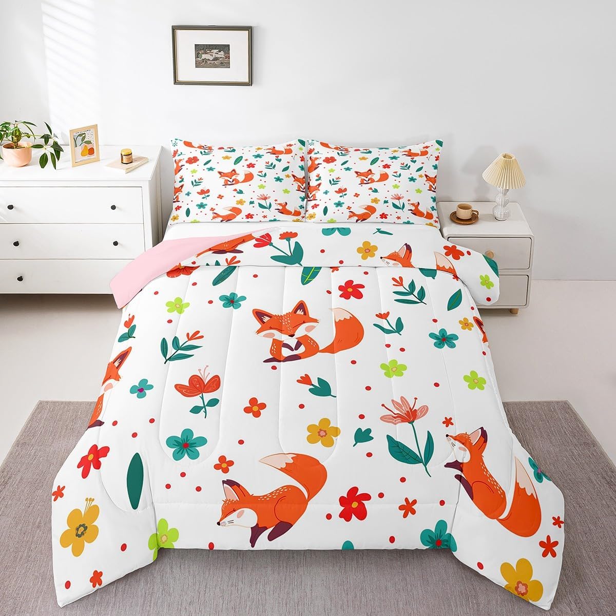 Erosebridal Cat Comforter Set Cartoon Cats Bedding Sets Queen for Kids Teen Girls Cute Animal Print Comforter Colorful Flowers Leaves Bedding Comforter Sets Soft Lightweight All Season