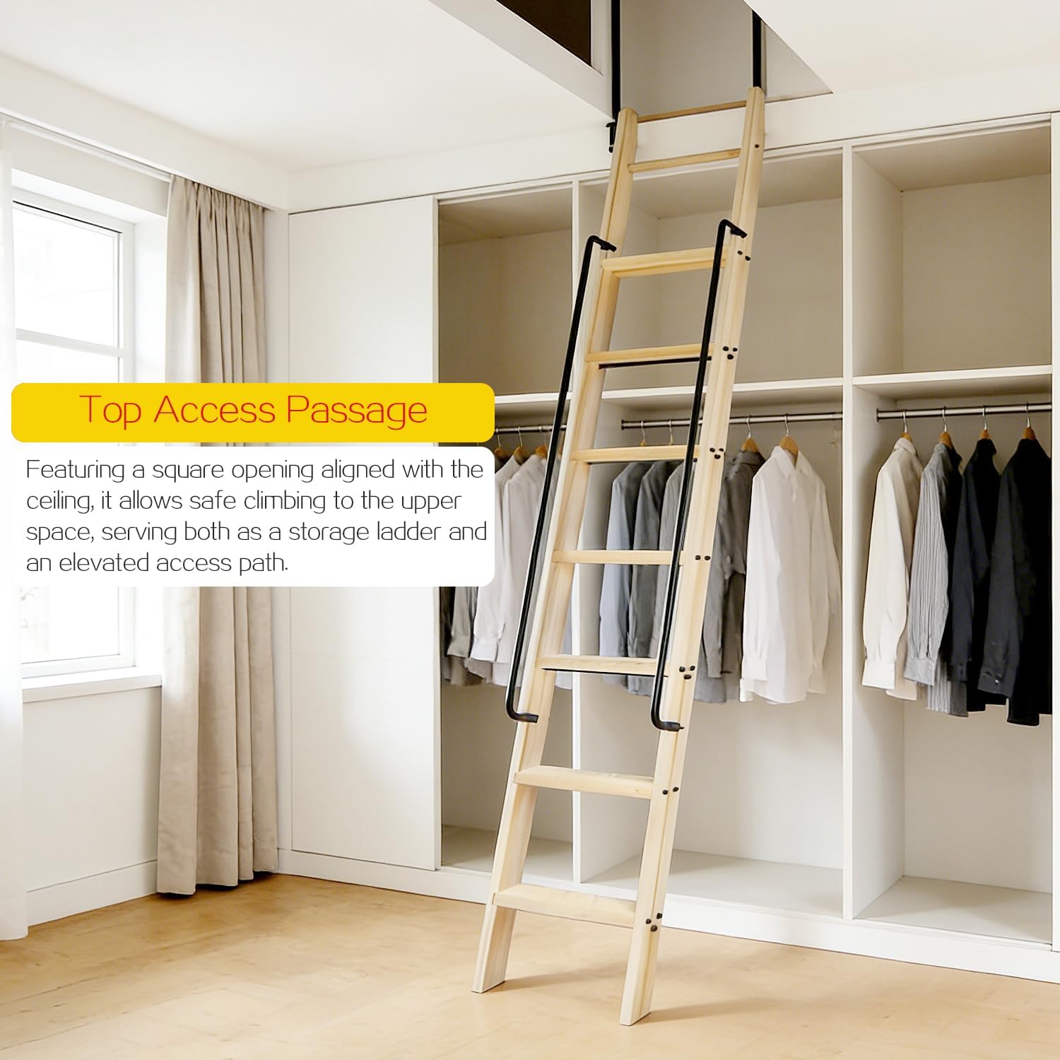 108in Attic Rolling Library Ladder, 9 Step Wooden Ladder with,Ladder Bookshelf,Wall Stairs Red Oak Stair Platform Bunkbed Ladder,for Home Kitchen,Warehouses,Bookstore,DIY Stain