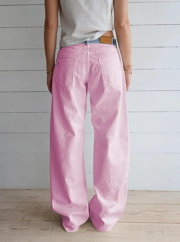 YEMORCH Pink Jeans for Women Spring Summer Casual Adjustable Waist