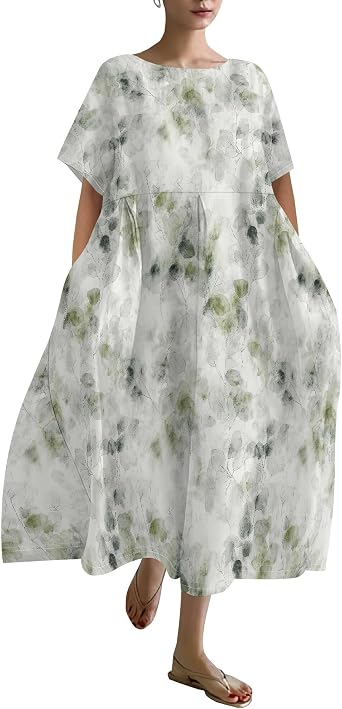 Womens Ink Floral Maxi Dress Round Neck Flowers Print Dresses Short Sleeve Dresses Swing Outdoor Dress with Pocket