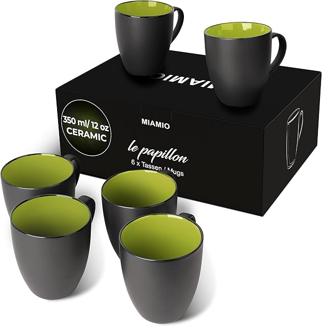 MIAMIO- kamionkowy zestaw kubków/filiżanek do kawy 6 x 350 ml (czerń-zielony)