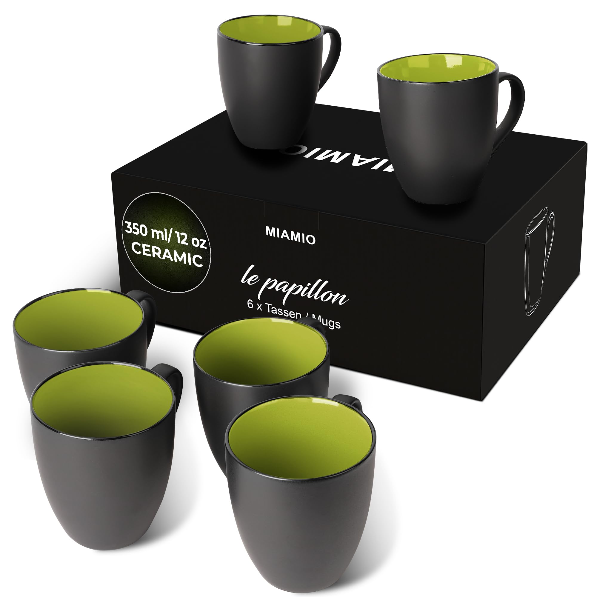 MIAMIO - 6 x 350 ml Stoneware Coffee Mug/Cup Set - Le Papillon Collection (Green)