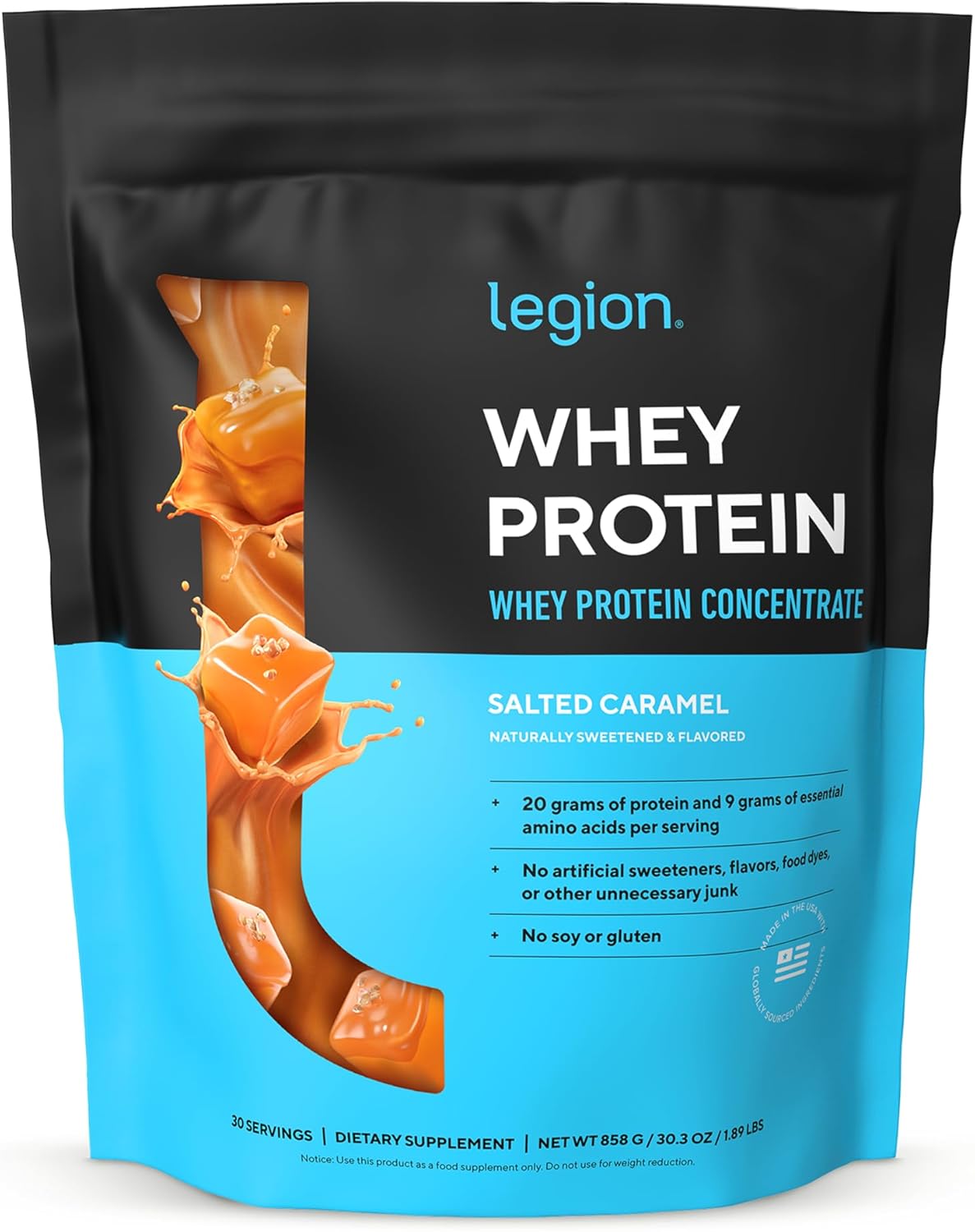 LEGION Whey Protein Powder - Naturally Flavored Whey Protein Concentrate with BCAAs - Supports Muscle Growth & Recovery, Gluten Free, No Added Sugar Protein Powder - Salted Caramel (30 Servings)