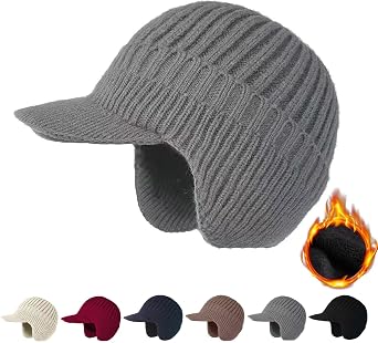Winter Beanie with Brim and Ear Flaps for Men Women