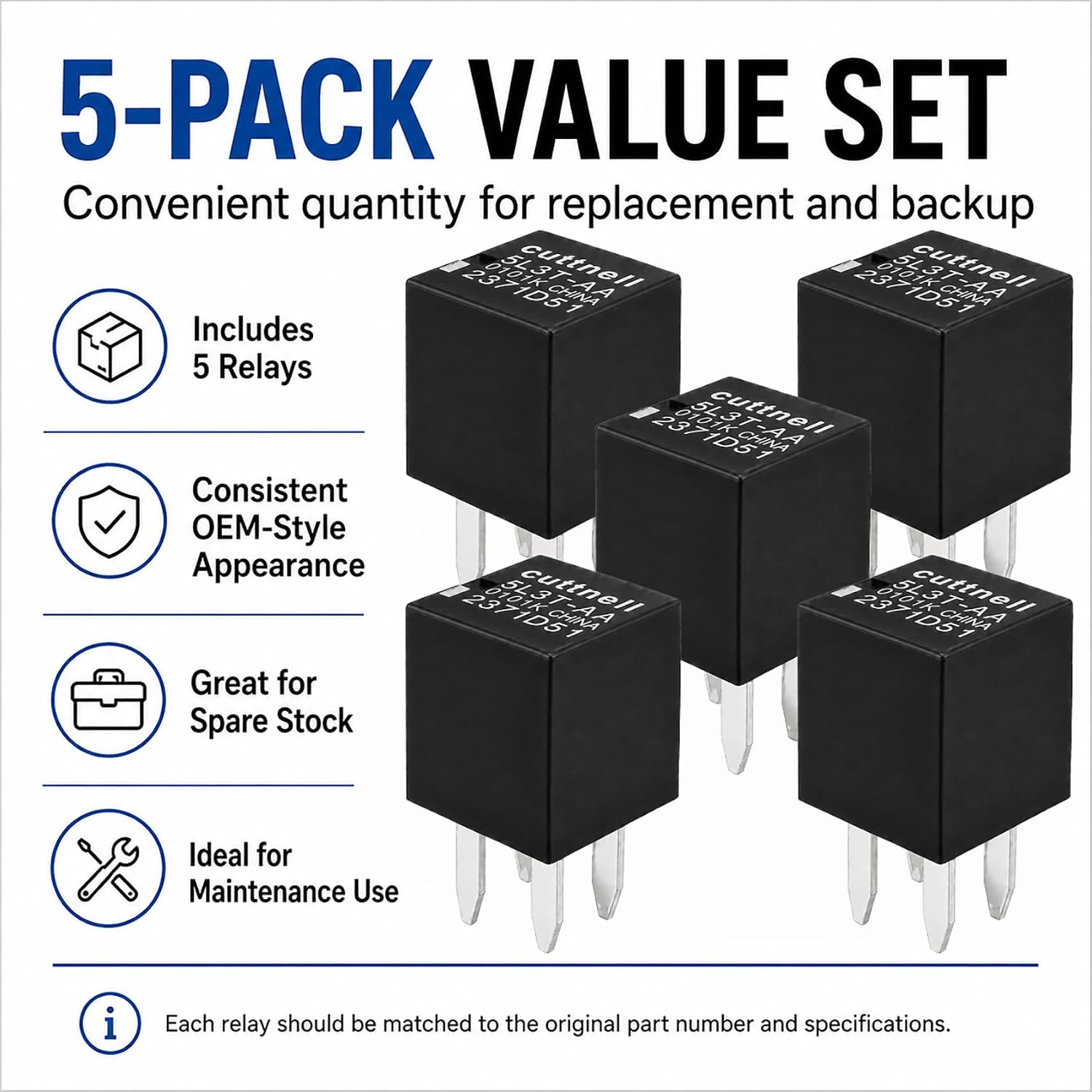 Cuttell 5-Pack 5L3T-AA Relay 12VDC 20A 4-Pin Automotive Relay Replacement for Select Ford Lincoln Mercury F-150 Escape Explorer A/C Compressor Clutch, Blower Motor, Fog Lamp & Electrical Circuits