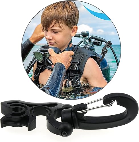 Miniatura 5 de Soporte de manguera de buceo E-outstanding 2 piezas negro buceo doble soporte de manguera con gancho a presión Snorkeling doble clip BCD clip