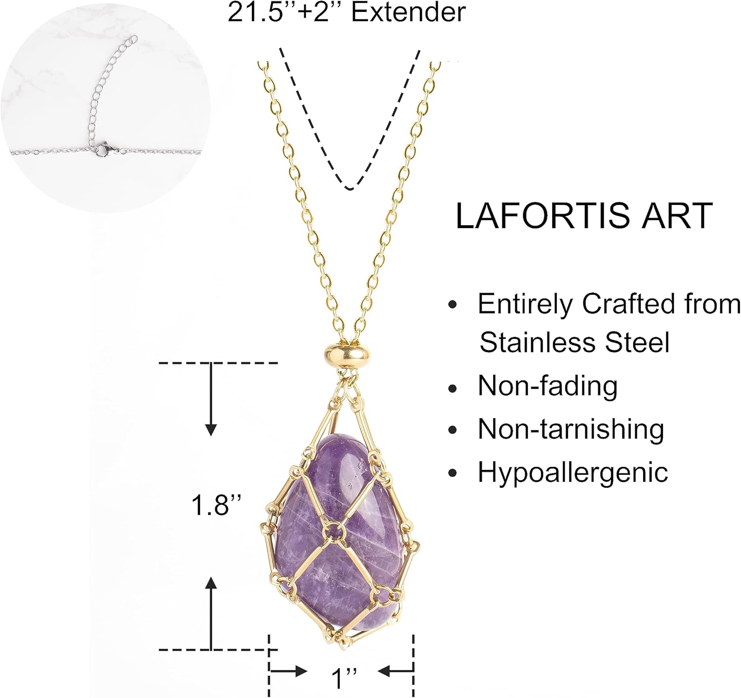 22Inches Gold Interchangeable Crystal Holder Necklace Stainless Steel GemStones Cage Necklace Pendant Necklace for Women Men Necklace Holder for Healing Crystal