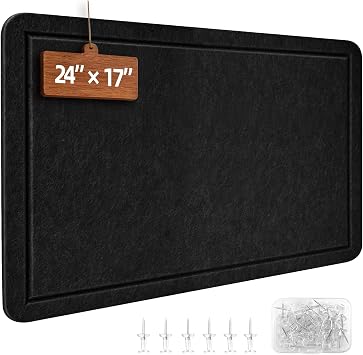 Bulletin Board, 24 x 17 inches Decorative Felt Pin Board for Wall, Foldable Felt Notice Photo Display Board with Self-Adhesive Tape for Office Home School, with 20 PushpinBlack
