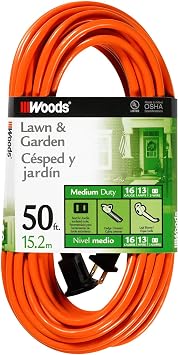 Southwire Woods 50ft Outdoor Extension Cord Bright Orange, 16/2 Two-Prong Durable SJTW Jacket for Landscaping & Light-Duty Power Molded Plug