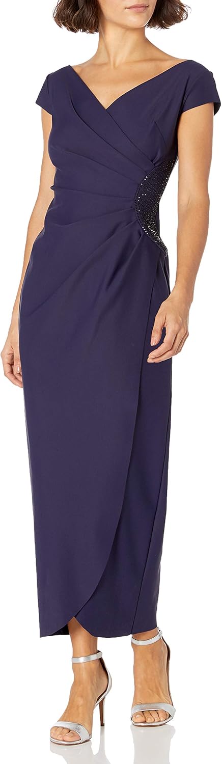 Alex Evenings Women's Petite Slimming Long Cap Sleeve Dress with Side Beaded Detail, Navy, 4P