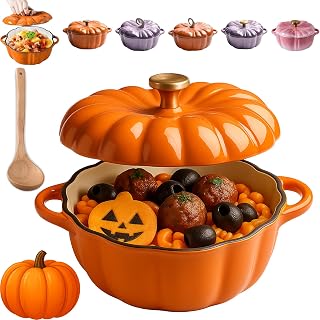 Pumpkin Dutch Oven Pot with Lid, 1.5/2/4 Qt Enameled Cast Pumpkin Pot, Halloween and Thanksgiving PumpkinSoup Bowls, Dual Handle Design for Stews Soups Baking (Orange A-1.5Qt)