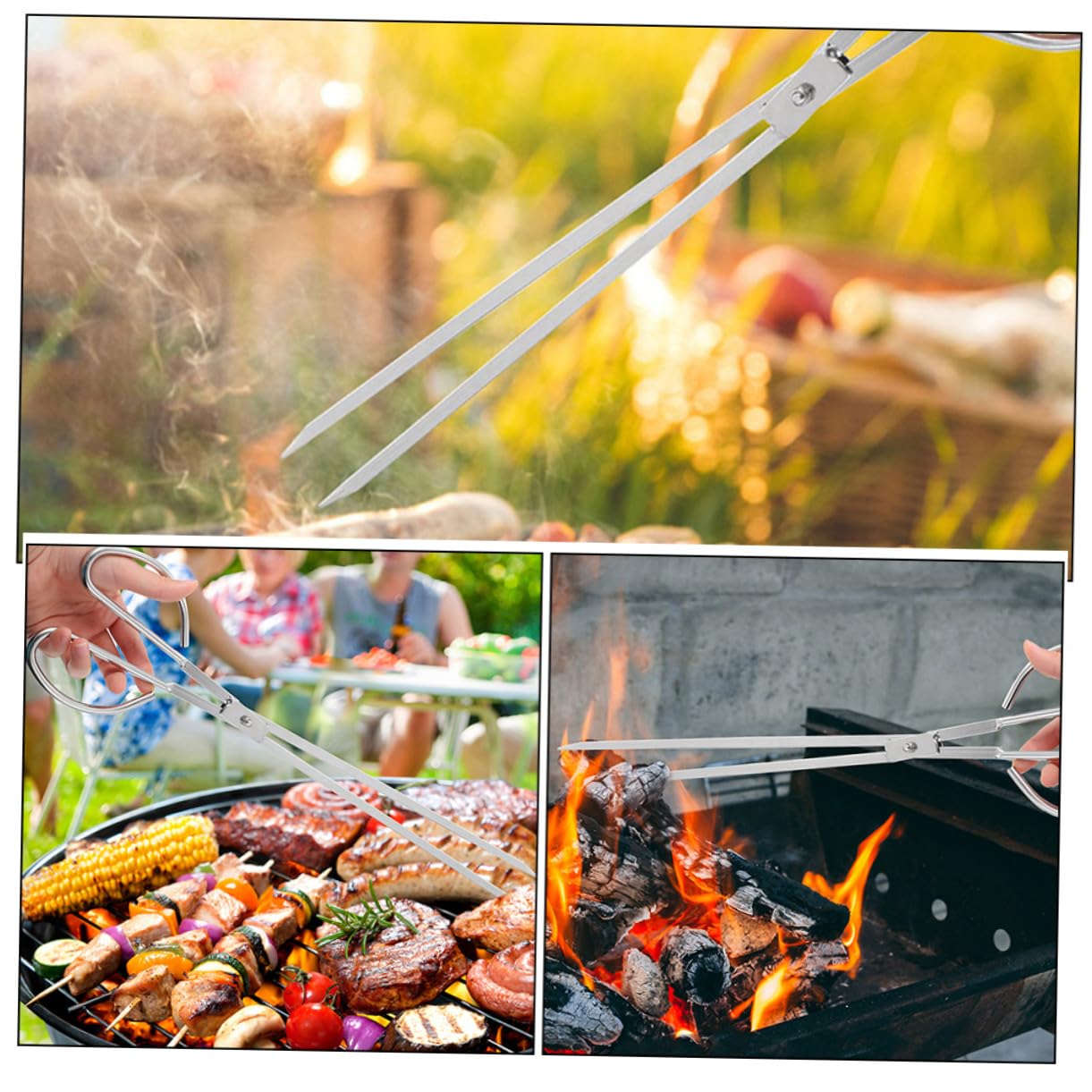 Pinza per Barbecue in Acciaio Inox, Lunga, per Carbone e Stufa | Argento, Uso Domestico e Campeggio, Resistente All'usura, Manico Allungato