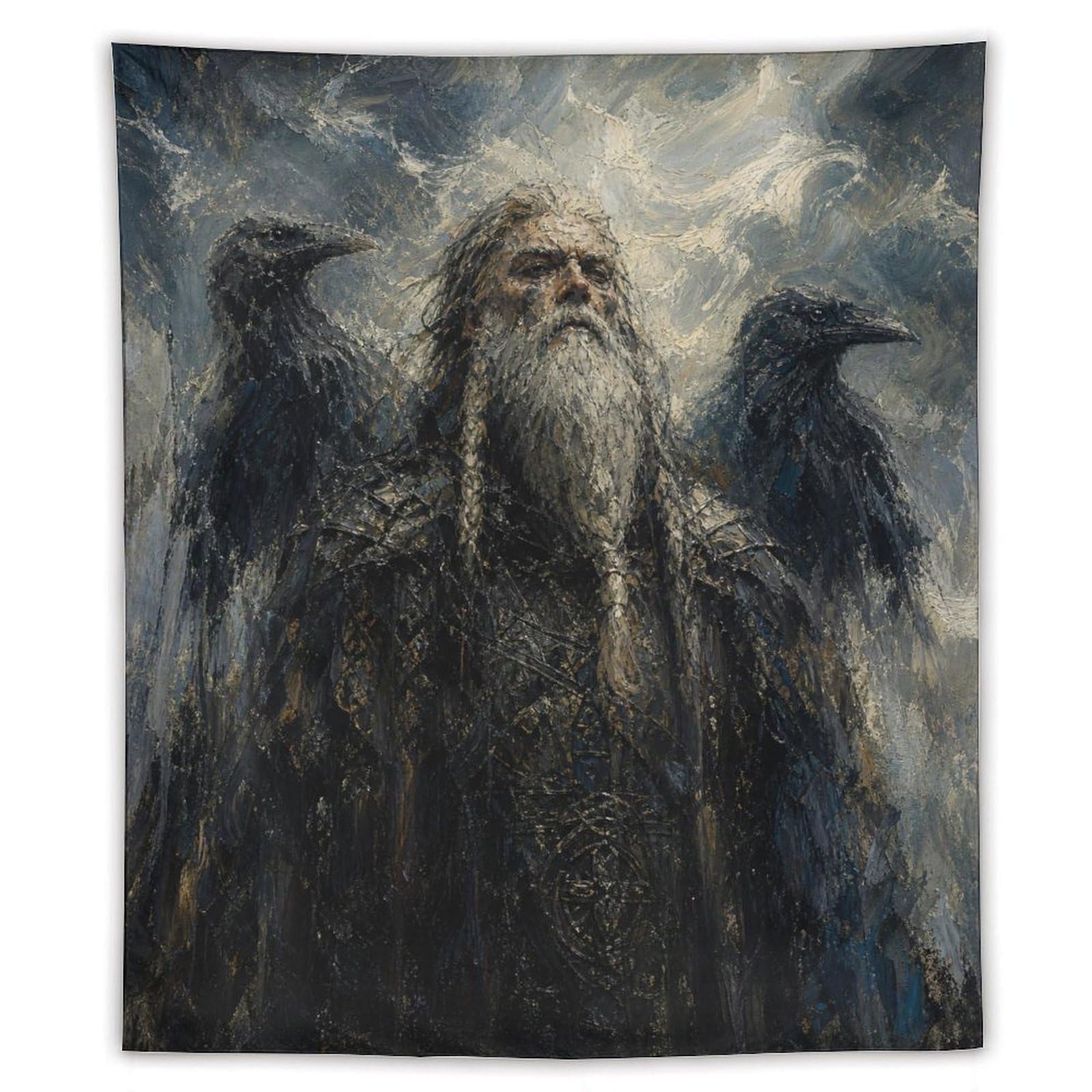 W7C8U2X3 Odin in Storm Wall Tapestry, Realistic Illustration, Dorm Room