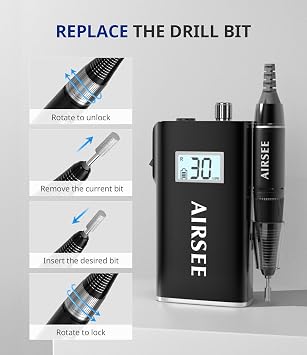 AIRSEE Rechargeable 30000RPM Electric Nail Drill,Salon Home Use,E8 Black