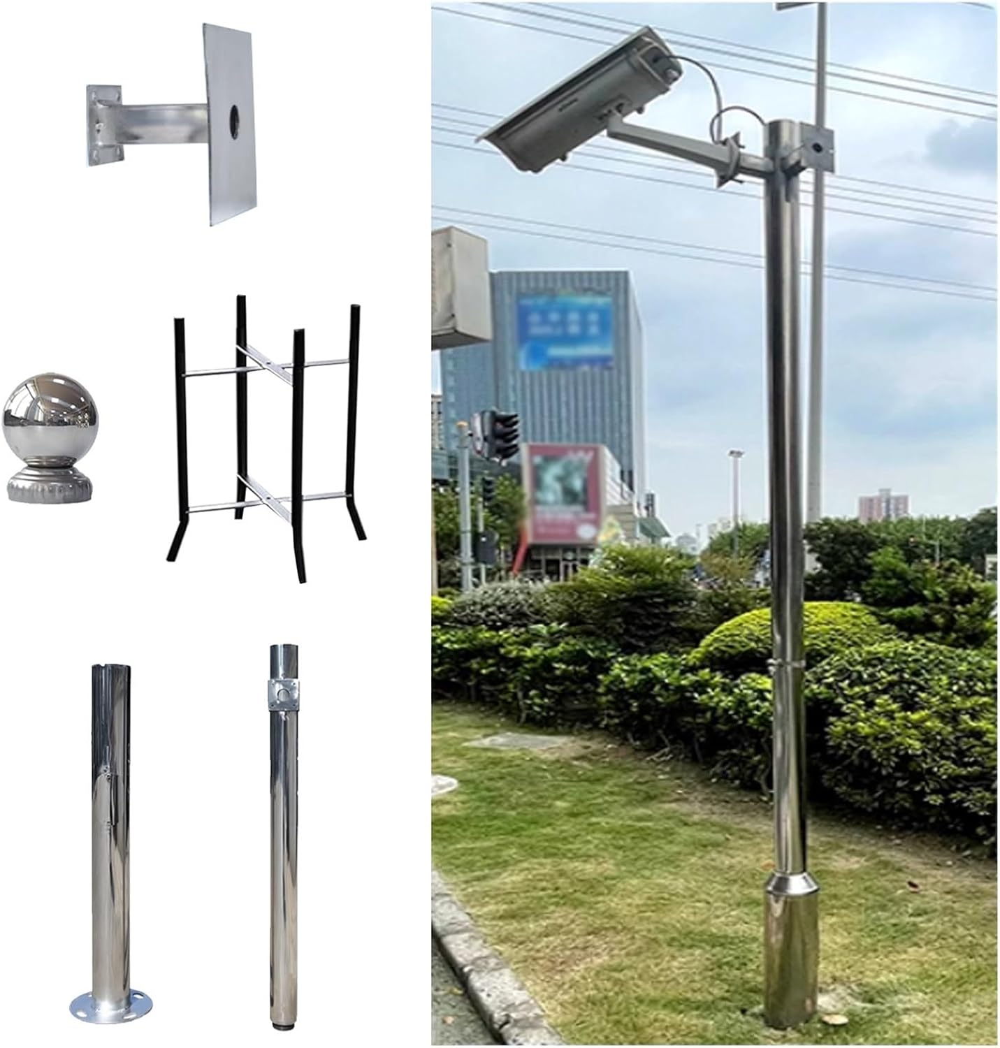 Stainless Steel CCTV Camera Pole 6.6-19.7ft, Detachable Splicing Surveillance Stand with Ground Base Cage & Screws for Enhanced Security, Perfect for Outdoor Use