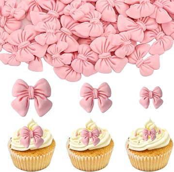 50 Pcs Pink Bow Cupcake Toppers, Bowknot Cake Dessert Picks, Birthday Decorations Drink Topper Bridal Engagement Wedding Baby Shower Princess Cupcake Toppers for Party Theme Decoration Supplies