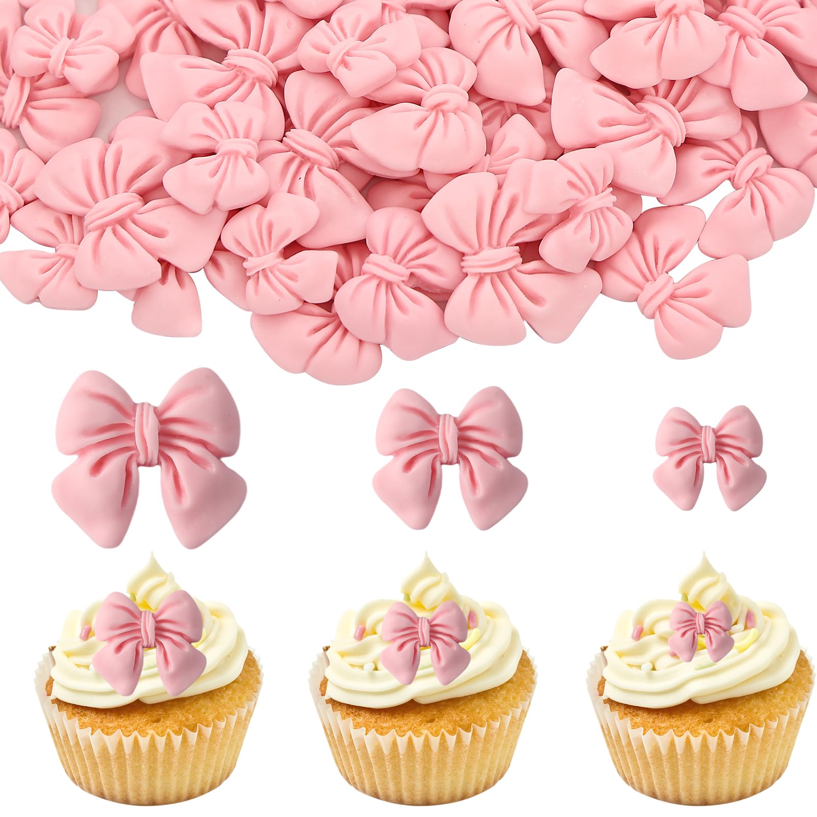 50 Pcs Pink Bow Cupcake Toppers, Bowknot Cake Dessert Picks, Birthday Decorations Drink Topper Bridal Engagement Wedding Baby Shower Princess Cupcake