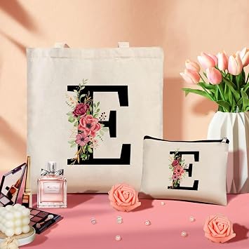 Personalized Initial Cotton Tote Bag, Canvas Reusable Shopping Bags with Makeup Bags, Gifts for Women, Mom, Teachers, Nurses, Best Friends, Bridesmaids, Monogrammed Gifts for Wedding, Birthday(E)