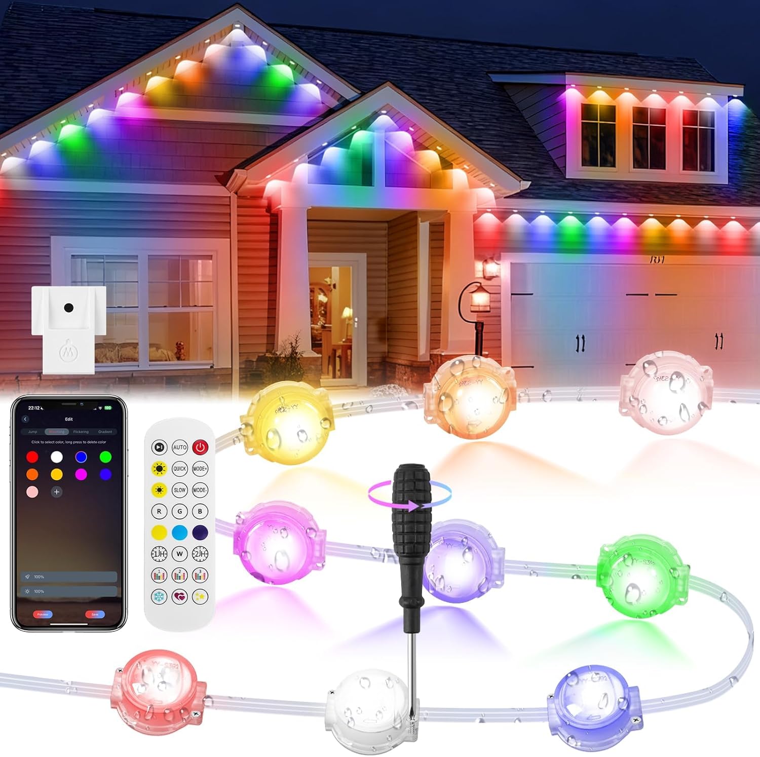 75FT IP68 DIY Clubs Permanent Outdoor Lights, Arbitrary Trimming Smart RGB+IC eave Light,Outdoor Eaves Lights Waterproof, for Halloween Decorations, Christmas, Work with Bluetooth
