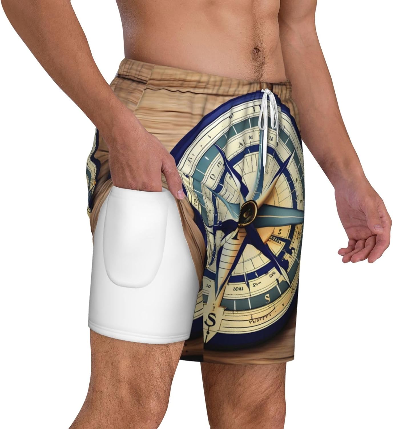 Maritime Sailboat Compass Print Men's Athletic Swim Shorts, Surf Pants with Compression Liner & Utility Pockets