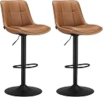VASAGLE Bar Tabourets, Ensemble de 2 Chaises à barres pivotantes, Hauteur réglable, Quilt, Tabourets de cuisine en cuir synthétique avec dossier et repose-pieds, Salle à manger, Comptoir, Acier, Caramel Brown ULJB095K01