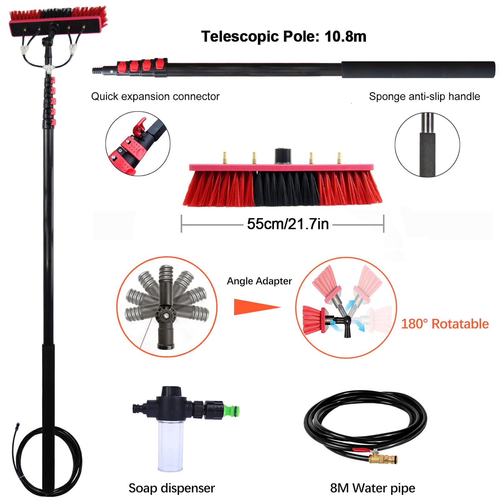 Genérico Cepillo telescópico para Ventanas de 10,8 Metros, Extensible, con Tubo de alimentación de Agua, ángulo Ajustable y dispensador de jabón, Conector de Manguera común para Paneles Sol
