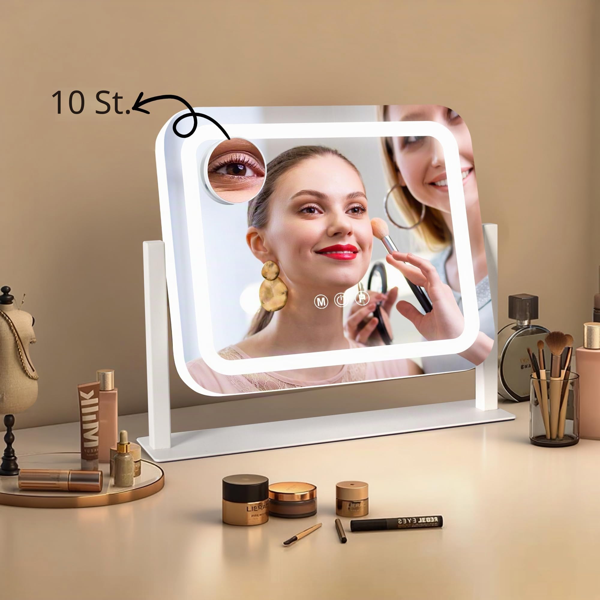 Ratsamee Schminkspiegel Mit Beleuchtung, 35 x 30 cm Spiegel mit 3 Farblich Dimmbaren Licht, intelligente Touchscreen-Steuerung, 360° Drehbar, 14" × 12" Weiß