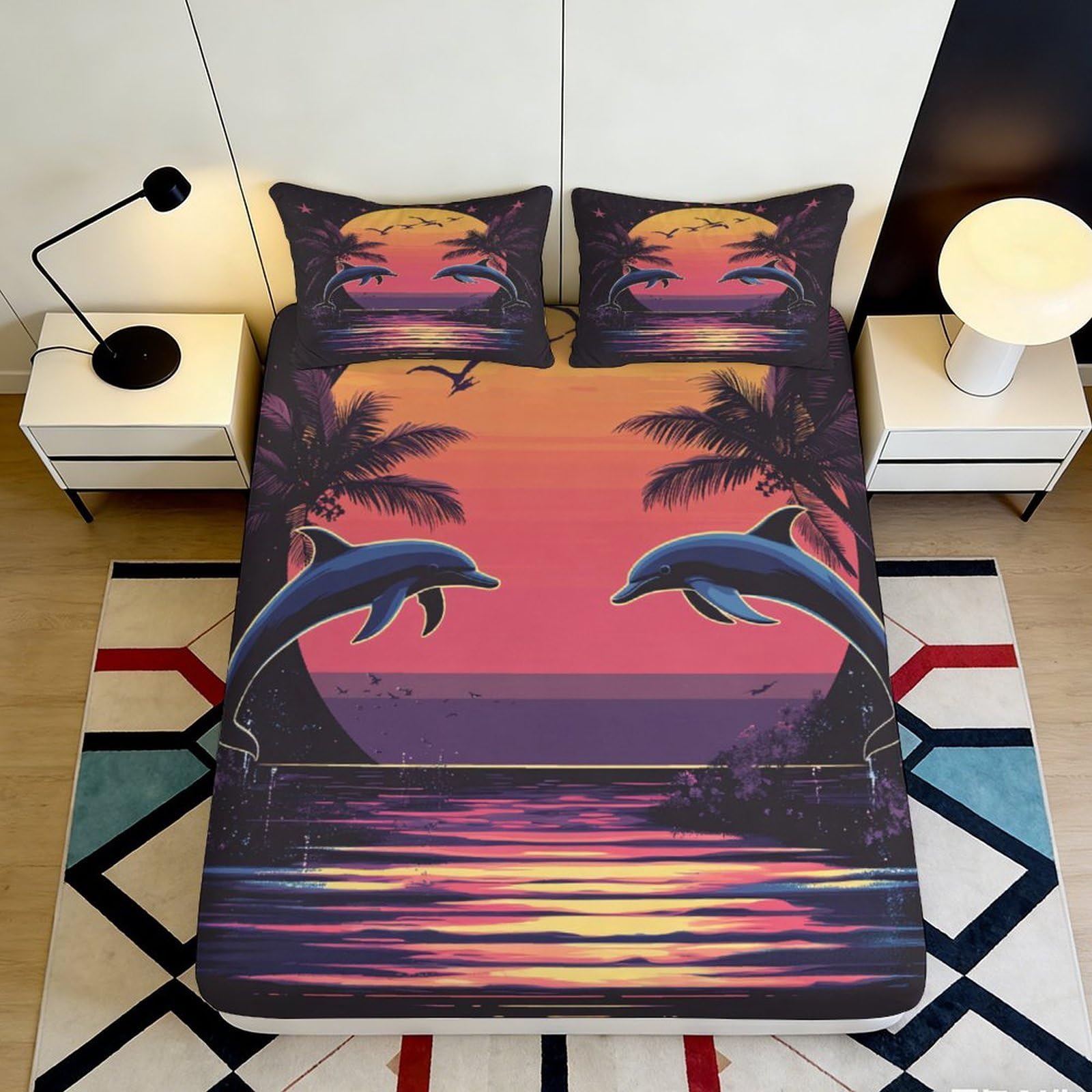 3D Printed Dolphin Sunset Fitted Sheet Deep Pocket Microfiber Non-Slip Bedding Seaside Mattress Fitted Cover for Bedroom Family 120x200x25cm