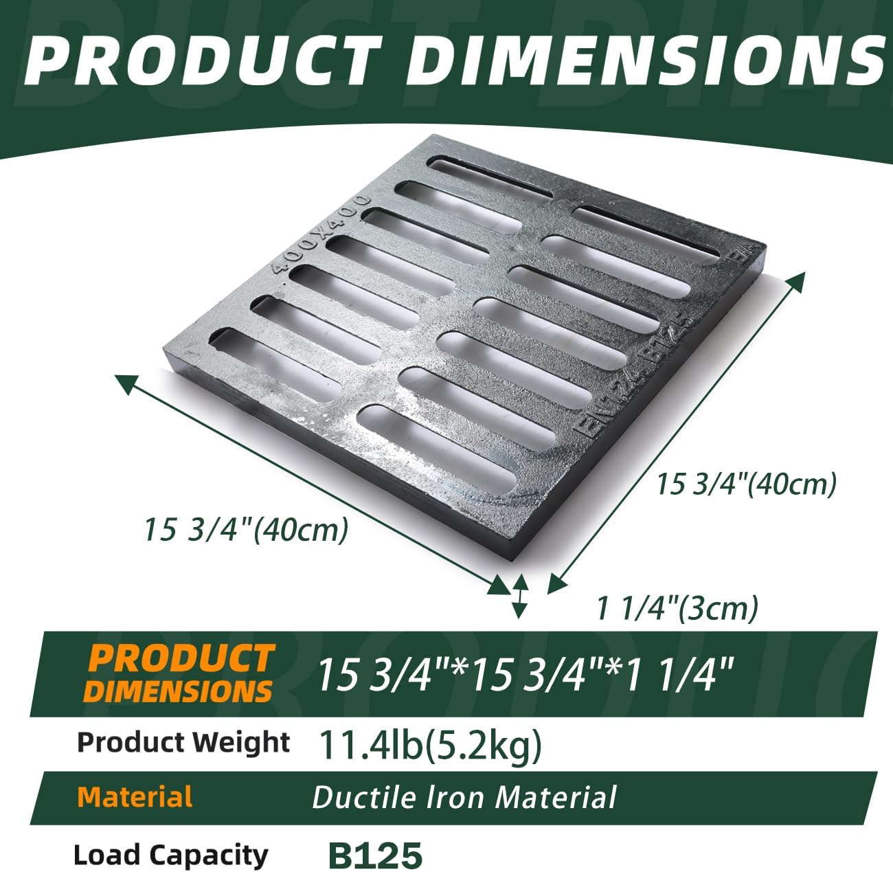 Cast Iron Drain Grate, 16 * 16in Outdoor Drain Cover, Heavy Duty B125 Class Channel Grate, Black Square Drainage Grate, Metal Sewer Grate for Concrete Floor, Yard, Driveway & Garage.